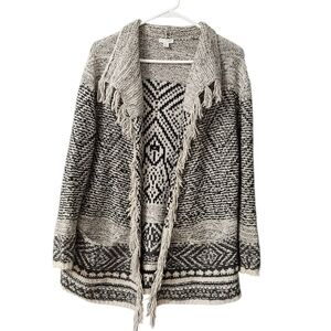 J. Jill Open Front Cardigan Fringe Women XS Boho Black Oatmeal Pockets